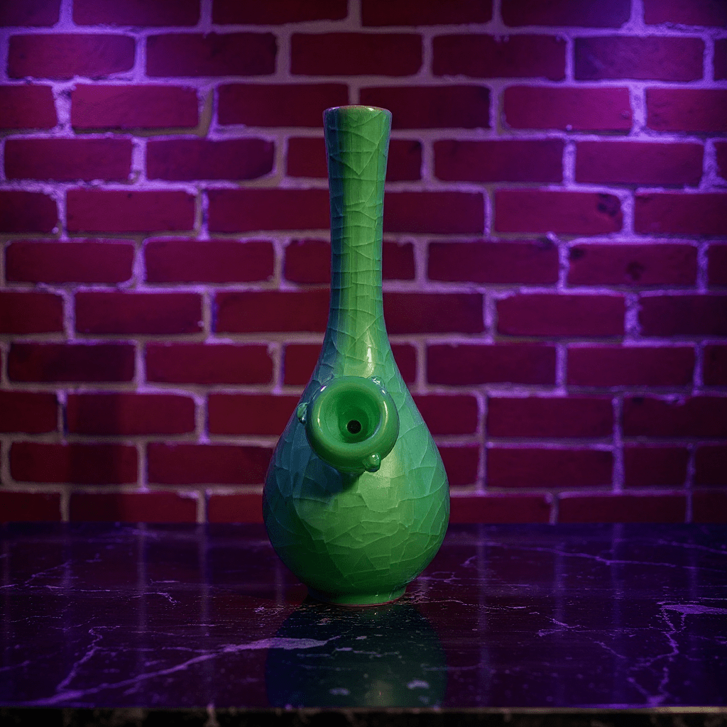 Ice - Crack Celadon Bong with Slim Neck Designslim neck ice - crack celadon ceramic bong with glass bowl is placed on a marble surface.