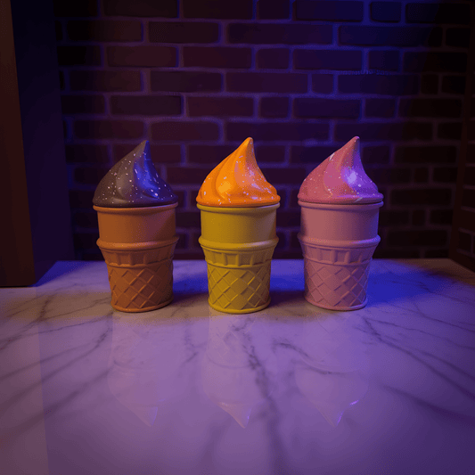 Ice Cream Herb Grinder – Cute 3 - Piece Swirl Cone SetThree ice cream herb grinder with colorful tops on a marble surface against a brick wall.