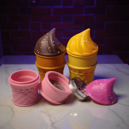 Ice Cream Herb Grinder – Cute 3 - Piece Swirl Cone Set- Colorful ice cream cone - shaped herb grinder on a white surface
