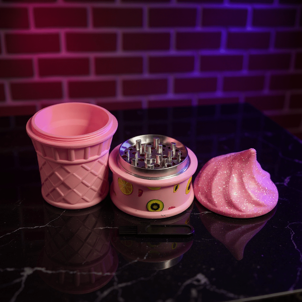 Pink ice cream-themed grinder on a reflective surface with a brick wall background.