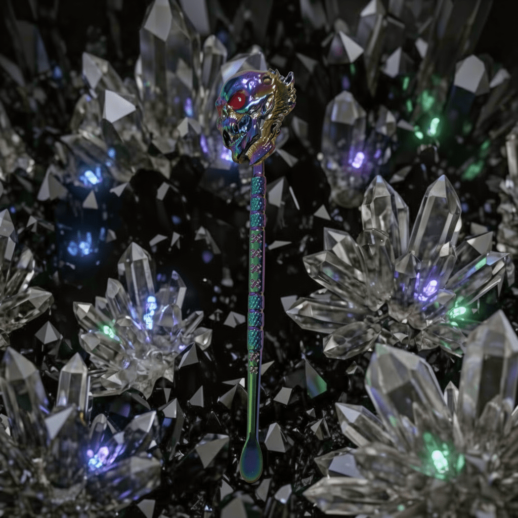 Iridescent Skull Mini Spoon – Gothic Festival Scoop & Dab ToolDecorative spoon with a colorful handle featuring a dragon design, surrounded by crystal - like objects.