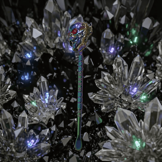 Iridescent Skull Mini Spoon – Gothic Festival Scoop & Dab ToolDecorative spoon with a colorful handle featuring a dragon design, surrounded by crystal - like objects.
