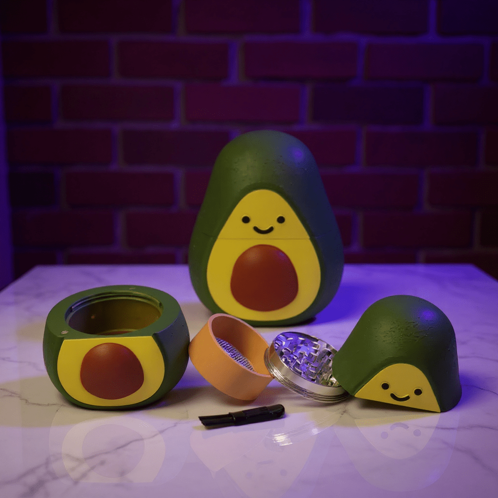 Kawaii Avocado Herb Grinder – 3D Cute Foodie 🍃Crusher1 avocado grinder in the back and another avocado herb grinder set on the front with four parts