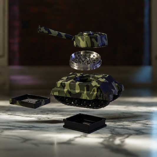A disassembled camouflage-patterned metal tank-shaped grinder with black trays, shown floating against a blurred indoor background.