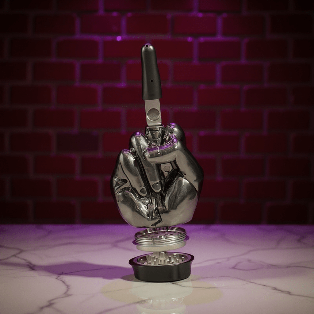 Middle Finger Grinder & Pipe Combo – Heavy Duty 2 - in - 1 SystemMetallic hand grinder with a smoking pipe on surface against a brick wall background