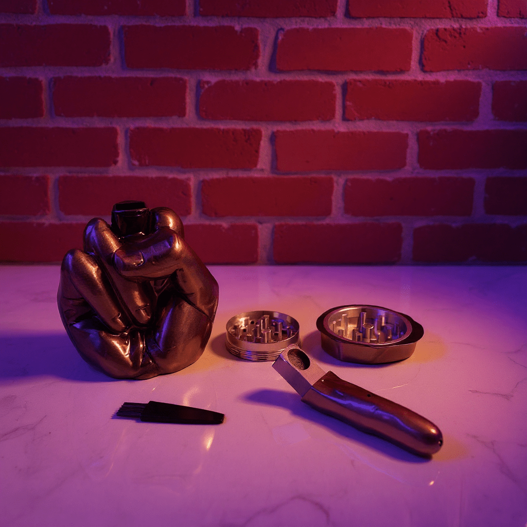 Middle Finger Grinder & Pipe Combo – Heavy Duty 2 - in - 1 SystemMetallic hand - shaped grinder and finger smoking pipe on a surface with a brick wall background