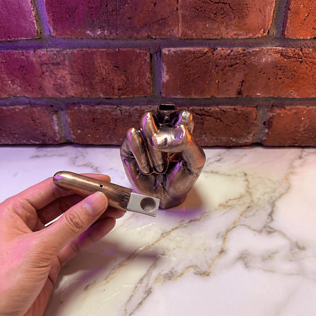 Middle Finger Grinder & Pipe Combo – Heavy Duty 2 - in - 1 SystemMetal hand pipe held by a hand on a marble surface with a brick wall background