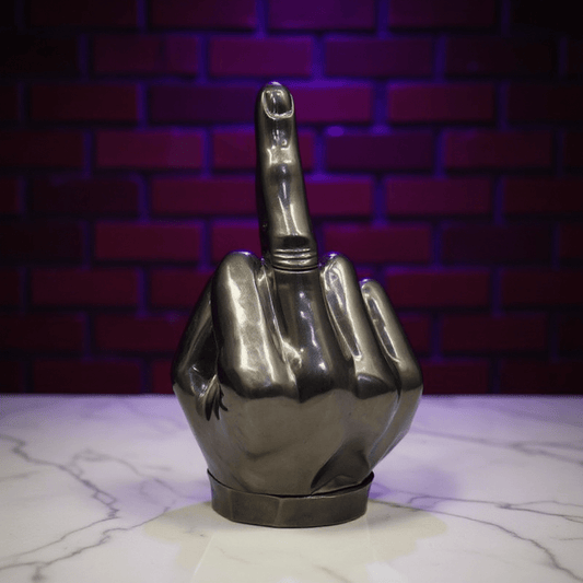 Middle Finger Grinder & Pipe Combo – Heavy Duty 2 - in - 1 SystemMetallic hand grinder with a middle finger gesture against a brick wall background