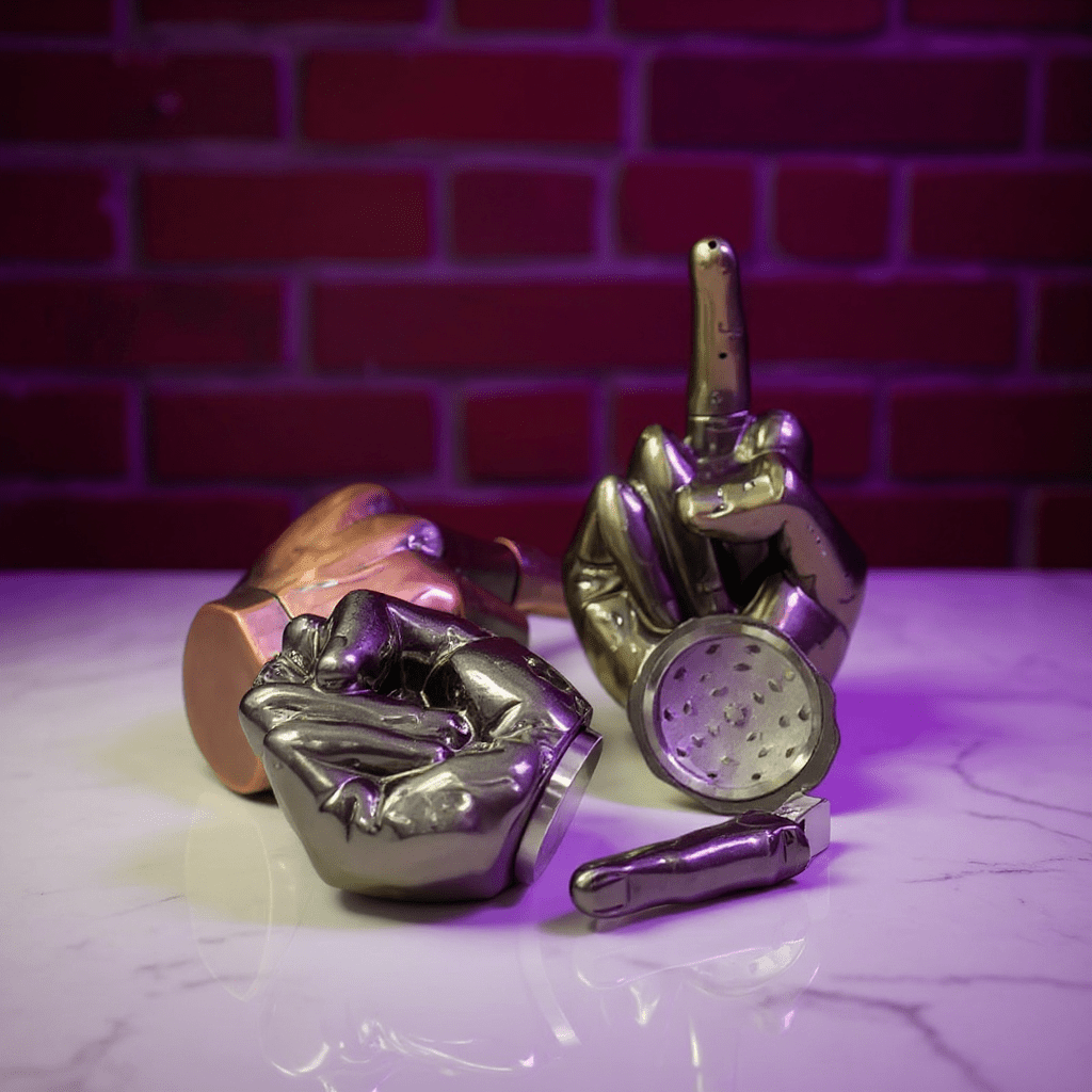 Middle Finger Grinder & Pipe Combo – Heavy Duty 2 - in - 1 SystemMetallic hand - shaped grinders on a marble surface with a brick wall background