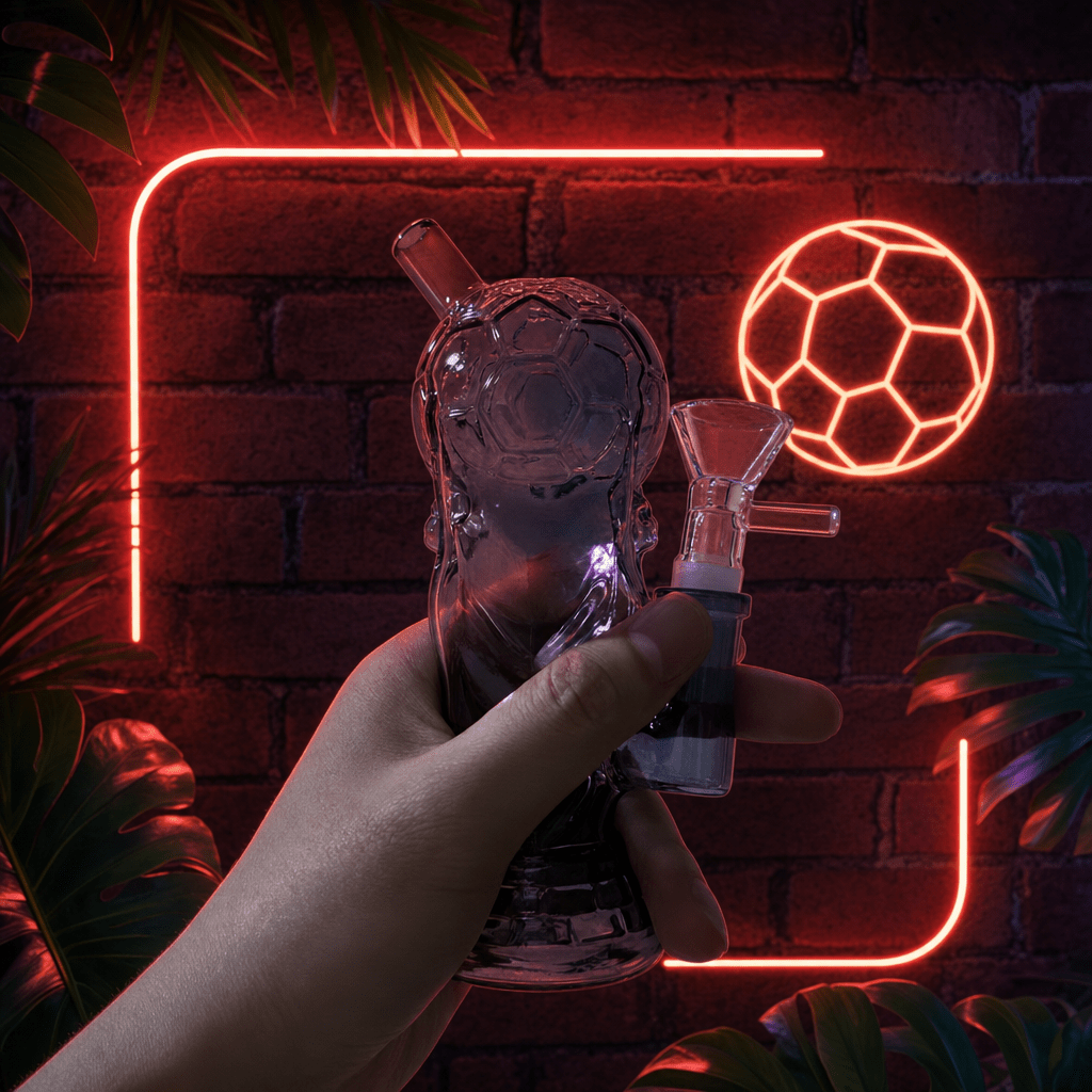 Mini 2026 American World Cup Trophy Glass Bong – Soccer & FootballHand holding a clear glass pipe against a brick wall with neon lights