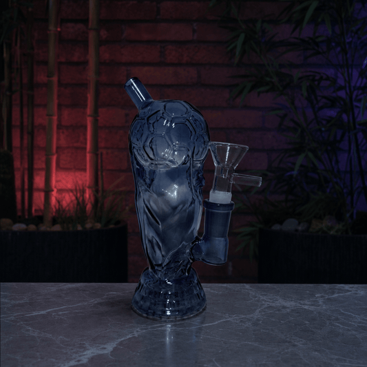 Mini 2026 American World Cup Trophy Glass Bong – Soccer & FootballBlue glass bong on a reflective surface with a dark background