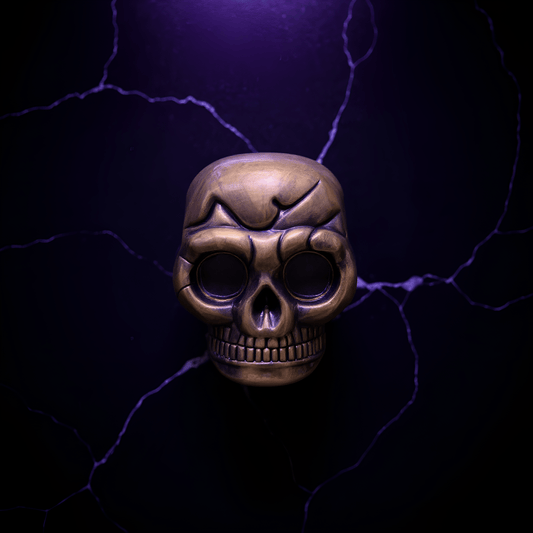 Mini Skull Herb Grinder – Vintage Bronze - Bronze skull herb grinder on a dark background with lightning effects