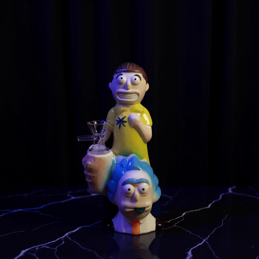 Morty Stack Ceramic Bong – 8.3"Distant view of Rick and Morty themed ceramic bong on table in softly lit bedroom.