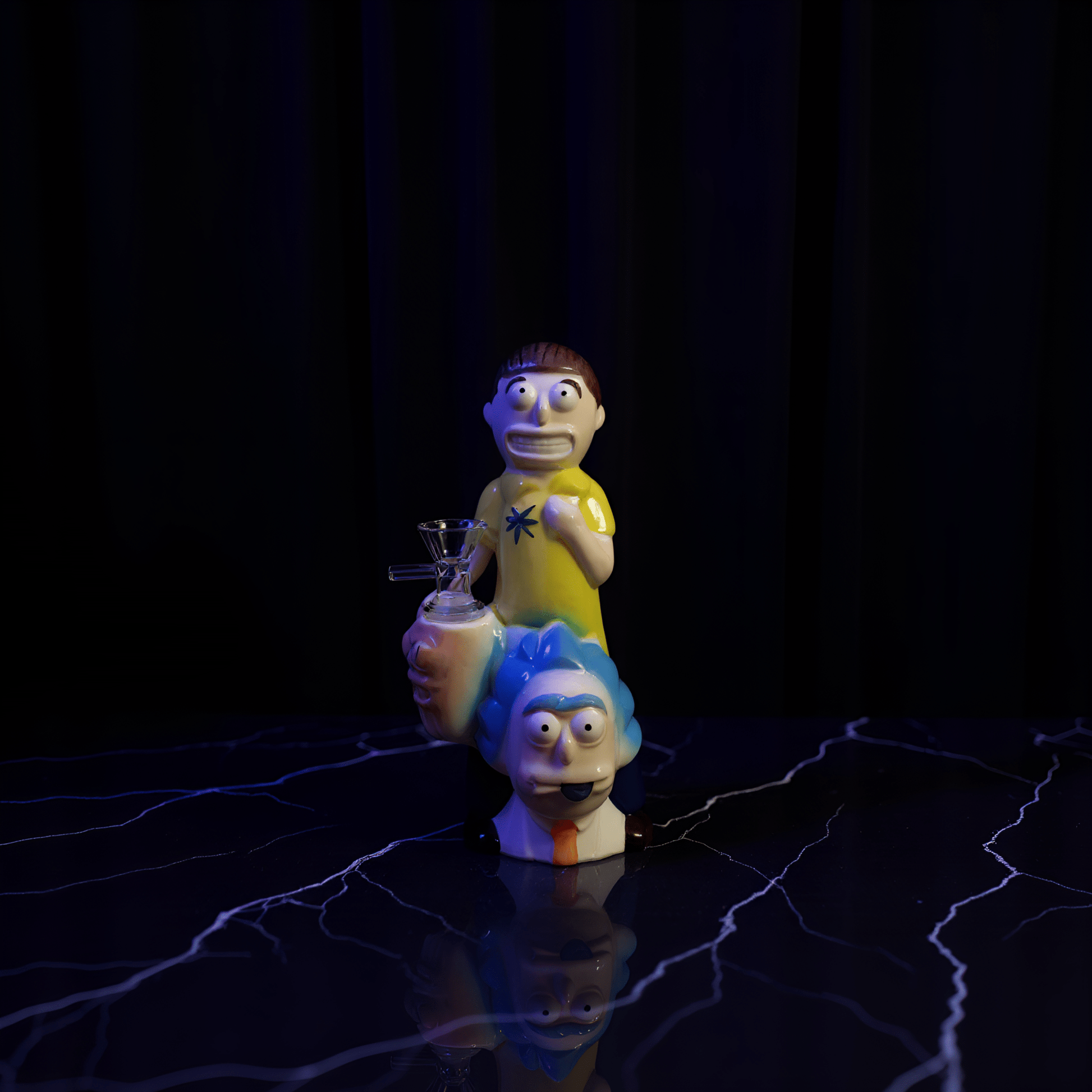Morty Stack Ceramic Bong – Ceramic cartoon bong with Rick on bottom and Morty on top, glowing in bedroom lighting.