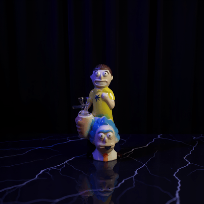 Morty Stack Ceramic Bong – Ceramic cartoon bong with Rick on bottom and Morty on top, glowing in bedroom lighting.
