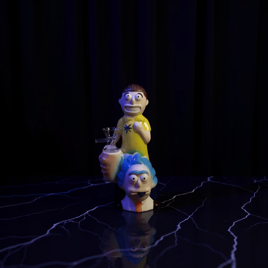 Morty Stack Ceramic Bong – Ceramic cartoon bong with Rick on bottom and Morty on top, glowing in bedroom lighting.