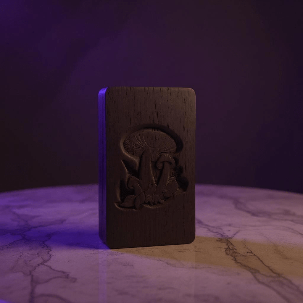 Mushroom Carved Wooden Tobacco Box – Psychedelic Herb lighting highlights engraved mushroom design on dark wood box