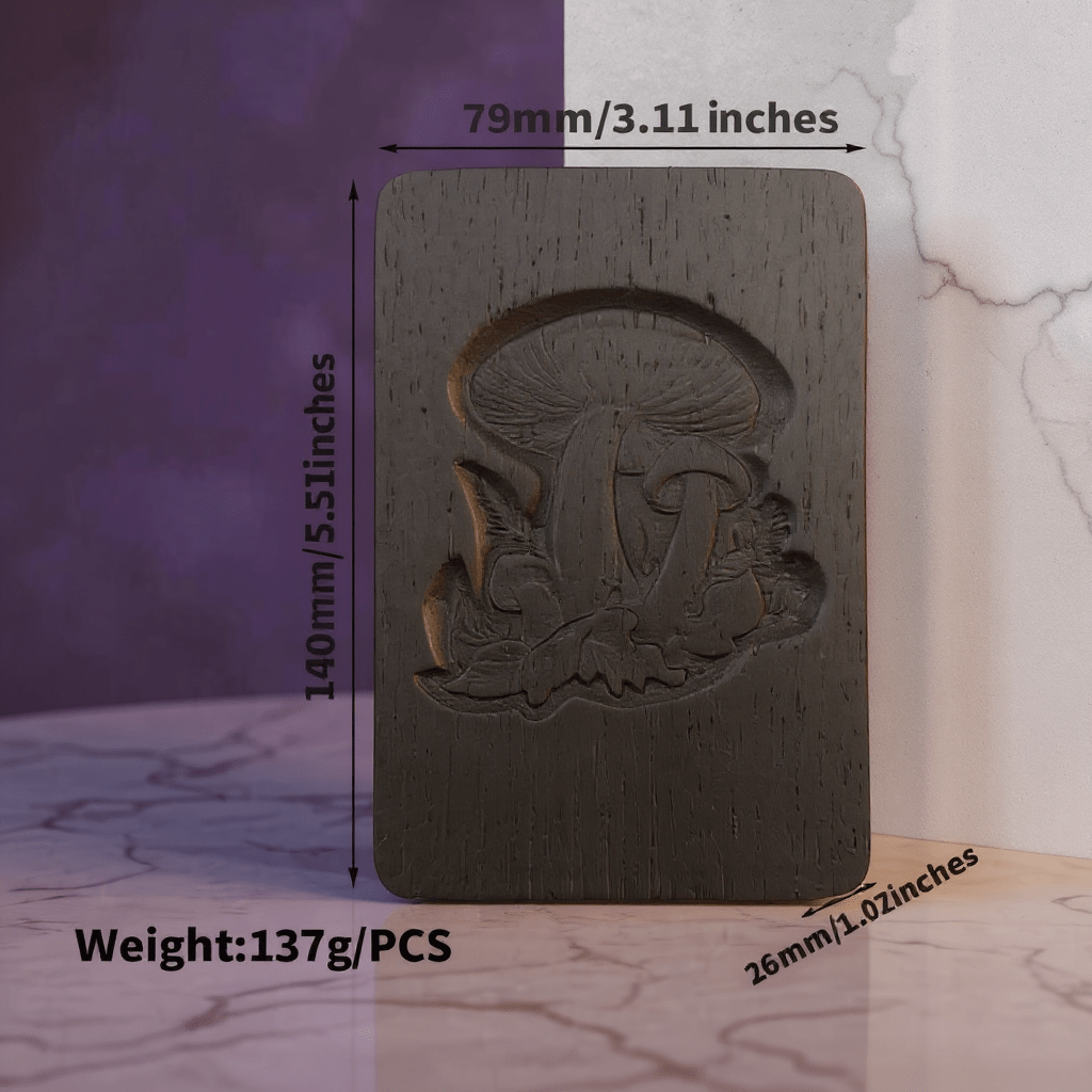 Mushroom Carved Wooden Tobacco Box – Psychedelic Herb Stash CaseBlack walnut mushroom engraved box with dimensions labeled