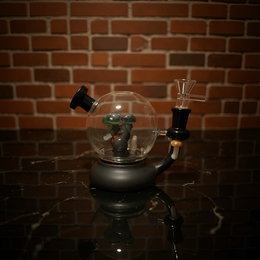 Mushroom Globe Bong - Glass bong with a brick wall background