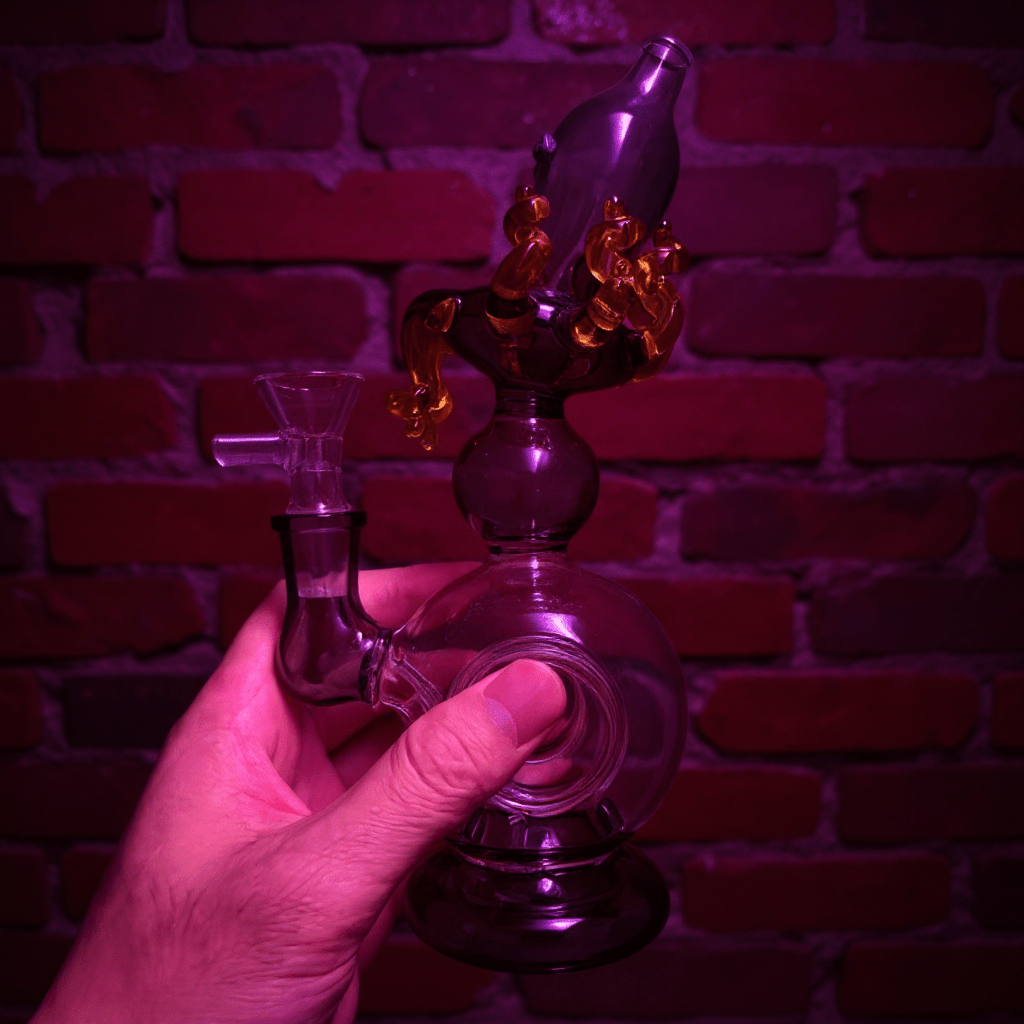Mythical Creature Glass Bong – Fantasy StyleOctopus glass smoking bong held by a hand against a brick wall background