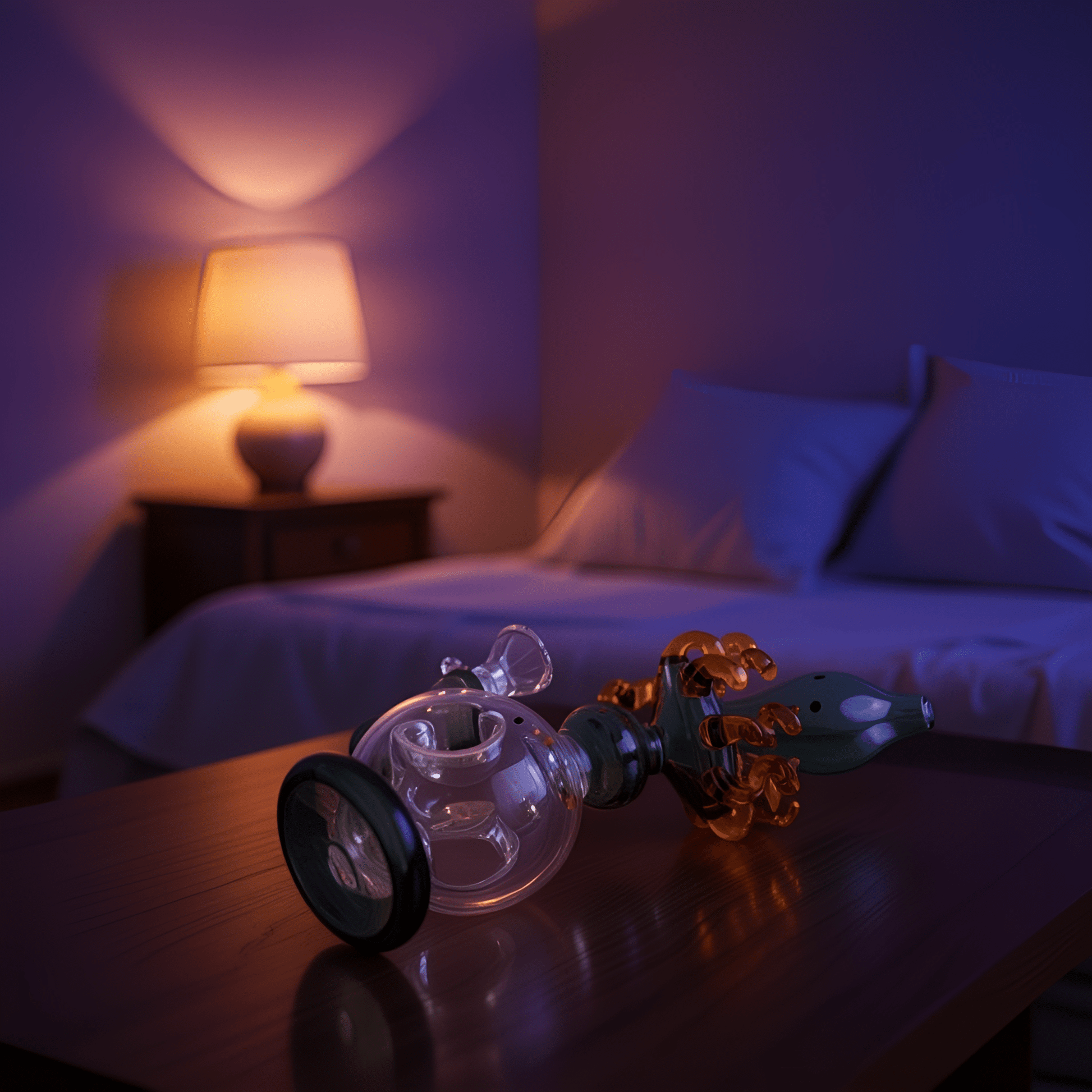 Mythical Creature Water PipeA futuristic sci - fi inspired glass water pipe with orange accents resting on a wooden table