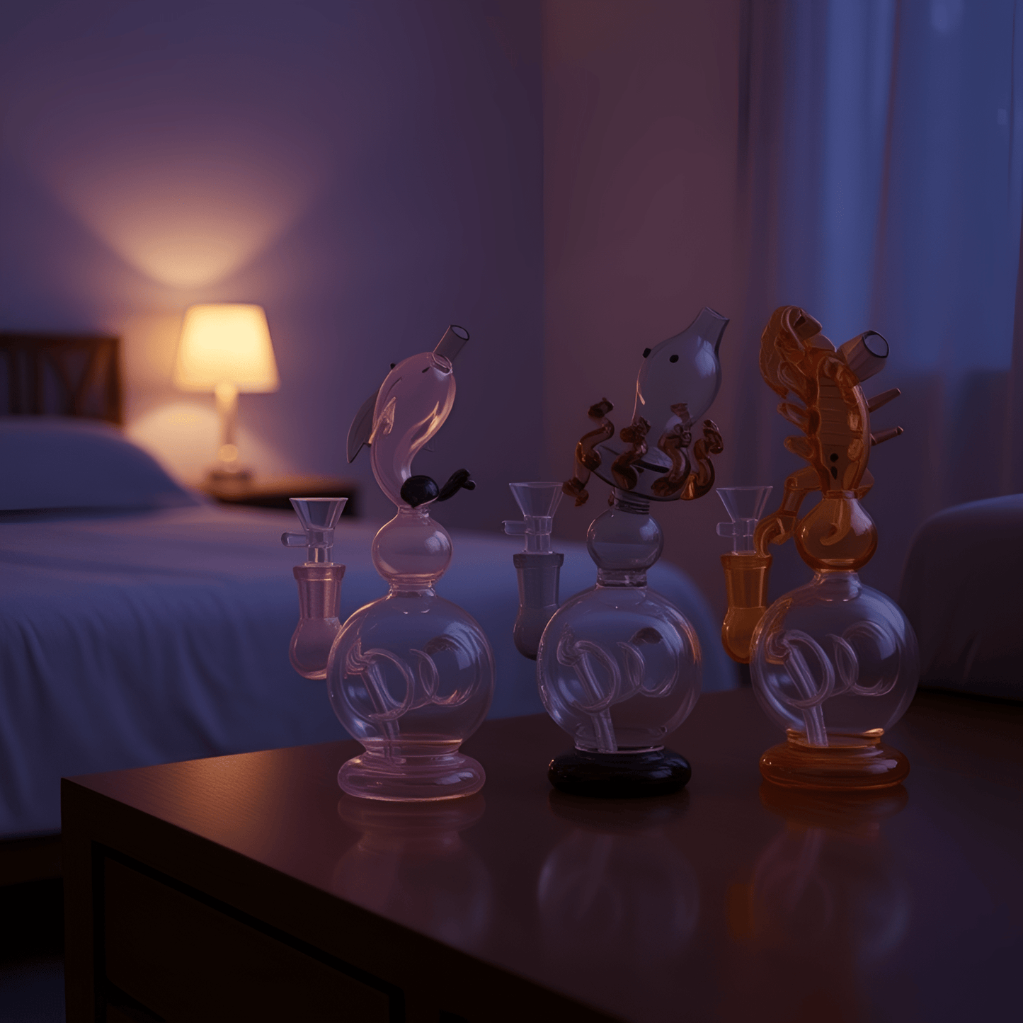 Mythical Creature Water PipeThree fantasy animal glass bongs featuring a dolphin, an octopus, and a centipede design, glowing