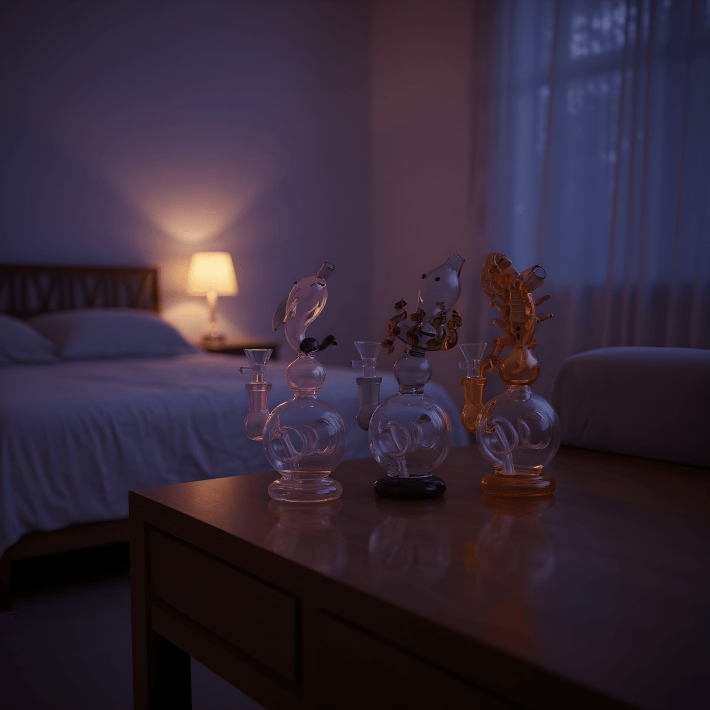 Mythical Creature Water PipeTrio of animal - shaped glass bongs in lighting, with a dolphin, snake, and centipede sculpted