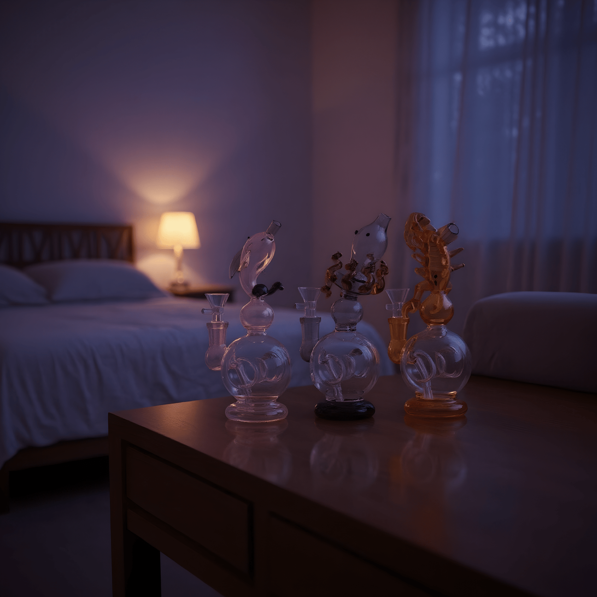 Mythical Creature Water PipeTrio of animal - shaped glass bongs in lighting, with a dolphin, snake, and centipede sculpted