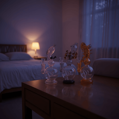 Mythical Creature Water PipeTrio of animal - shaped glass bongs in lighting, with a dolphin, snake, and centipede sculpted