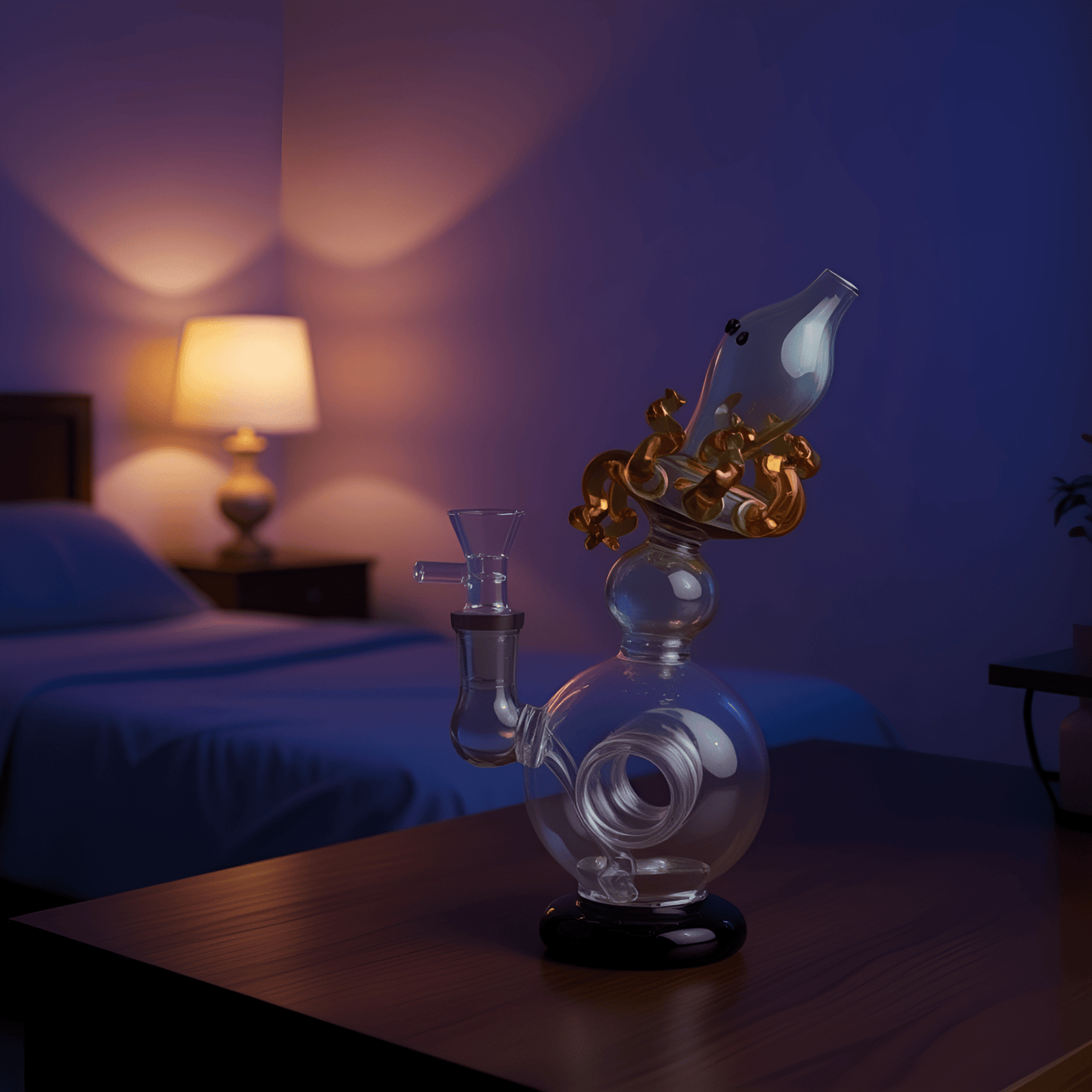Mythical Creature Water Pipe glass bongs with octopus, and displayed in dreamy purple lighting.
