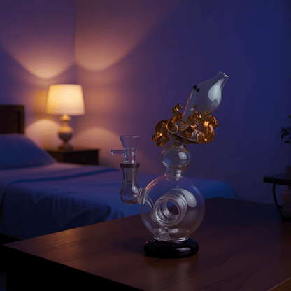 Mythical Creature Water Pipe glass bongs with octopus, and displayed in dreamy purple lighting.