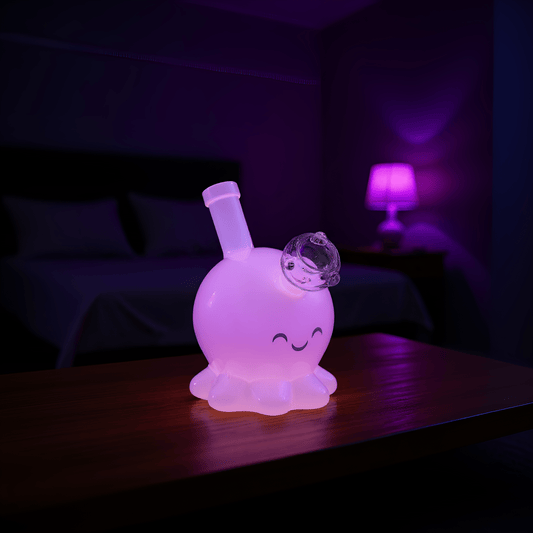 🐙 OctoGlow Water Pipe - glowing octopus shaped pink bong with smiling face and glass bowl, set on dark table