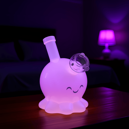 🐙 OctoGlow Water PipeAngled view of kawaii - style pink octopus bong with smiling face and wide glass mouthpiece