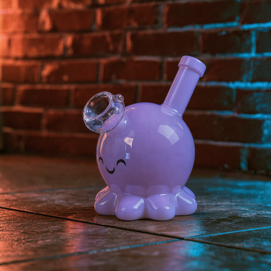 Pink octopus - shaped bong with a smiley face on a reflective surface