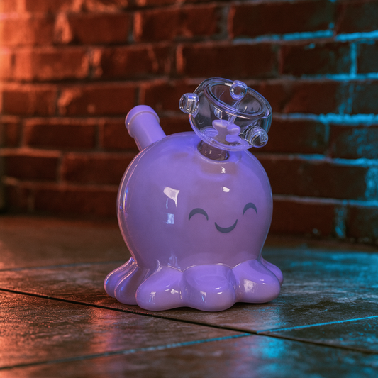 Glowing octopus glass bong with a smiley face design on a reflective surface