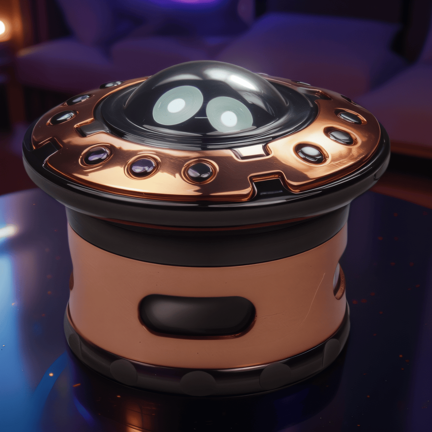 OrbitCrush UFO GrinderStylish UFO - inspired herb grinder with sleek black and copper finish on a desk.