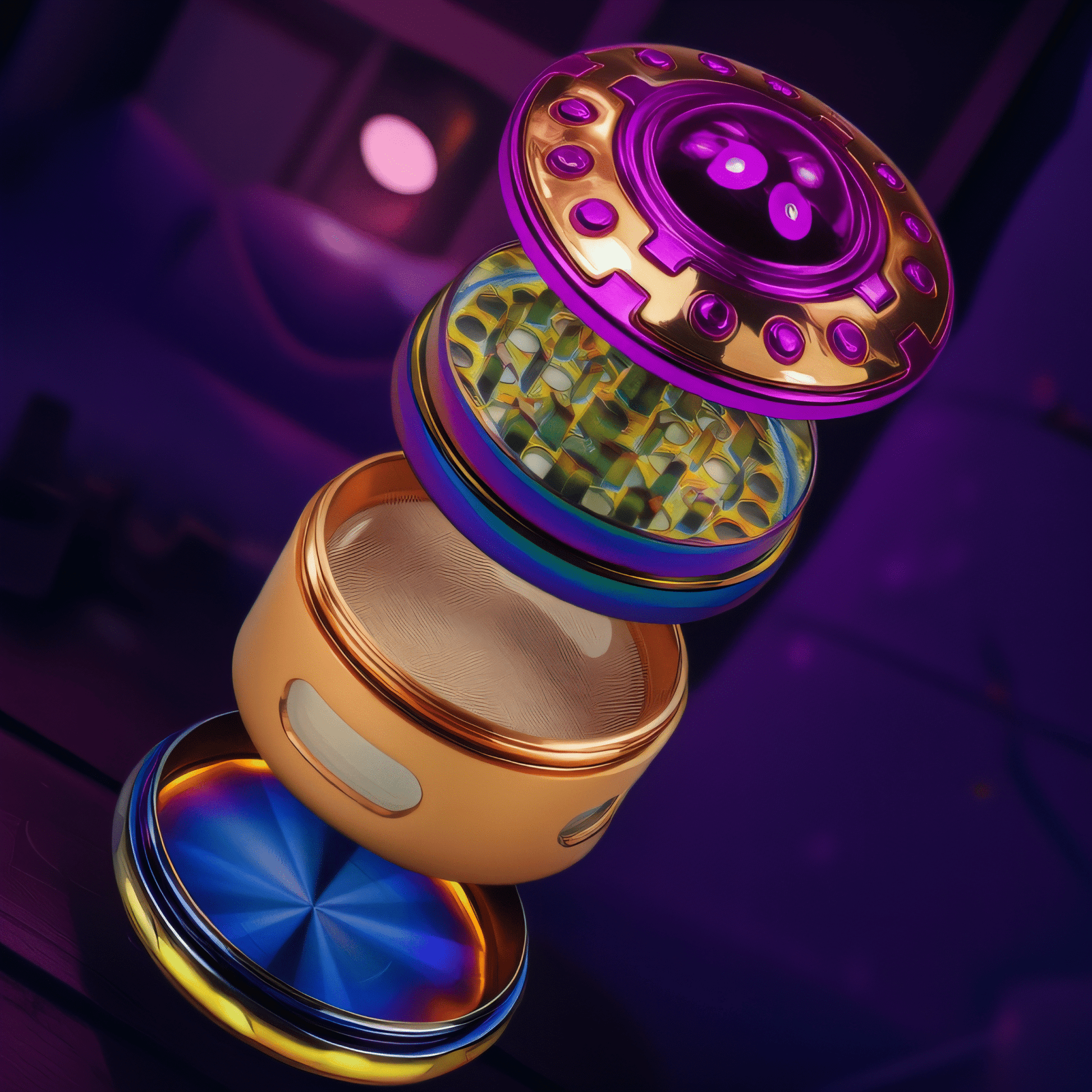 OrbitCrush UFO GrinderExploded view of vibrant metallic UFO grinder showing internal compartments and mesh screen.