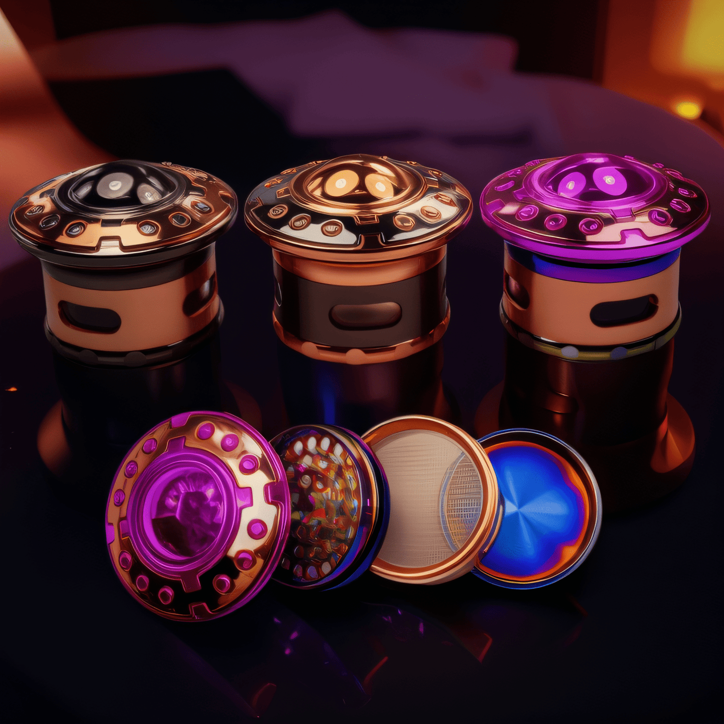 OrbitCrush UFO GrinderThree colorful UFO grinders with lids open, revealing grinder teeth and kief chamber.