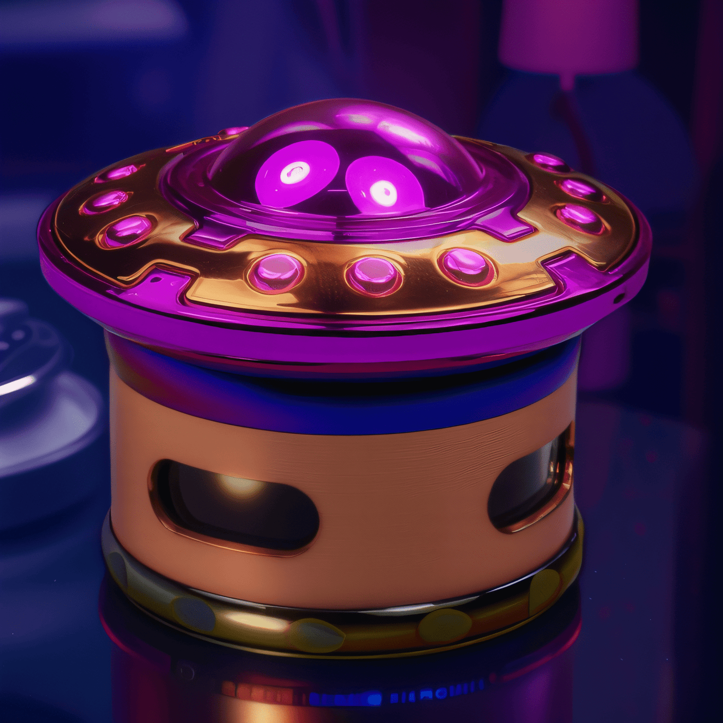 OrbitCrush UFO GrinderPsychedelic UFO - shaped grinder with metallic purple and gold design on bedside table.