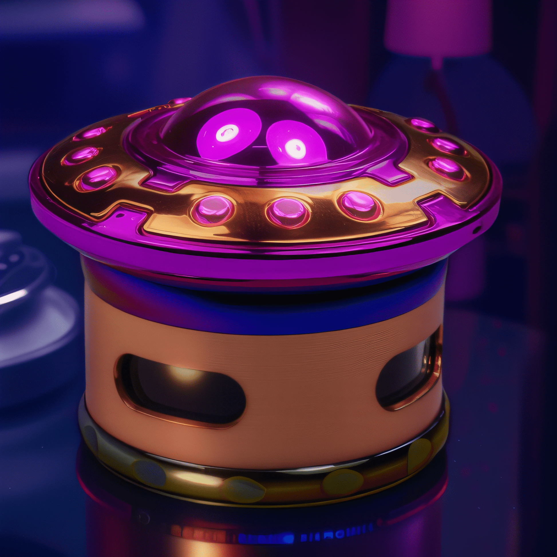 OrbitCrush UFO GrinderPsychedelic UFO - shaped grinder with metallic purple and gold design on bedside table.