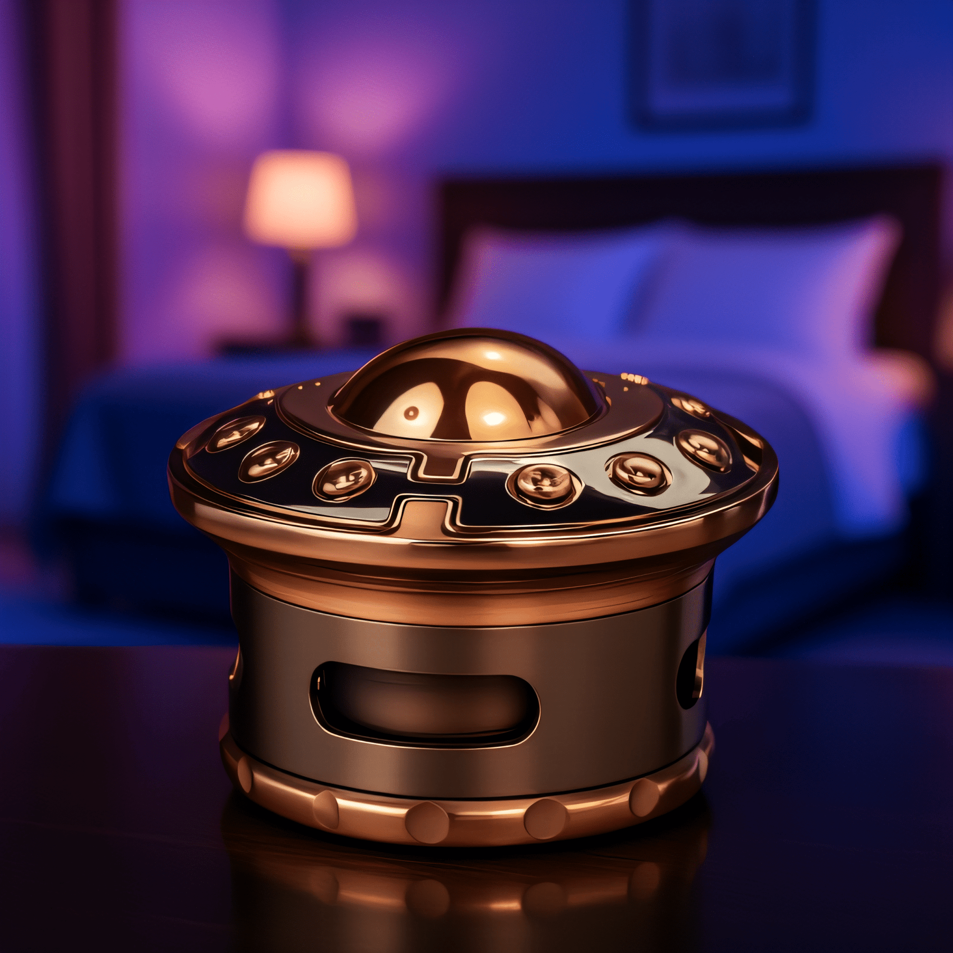OrbitCrush UFO GrinderCopper and black alien spaceship grinder on a wooden nightstand with moody bedroom lighting.