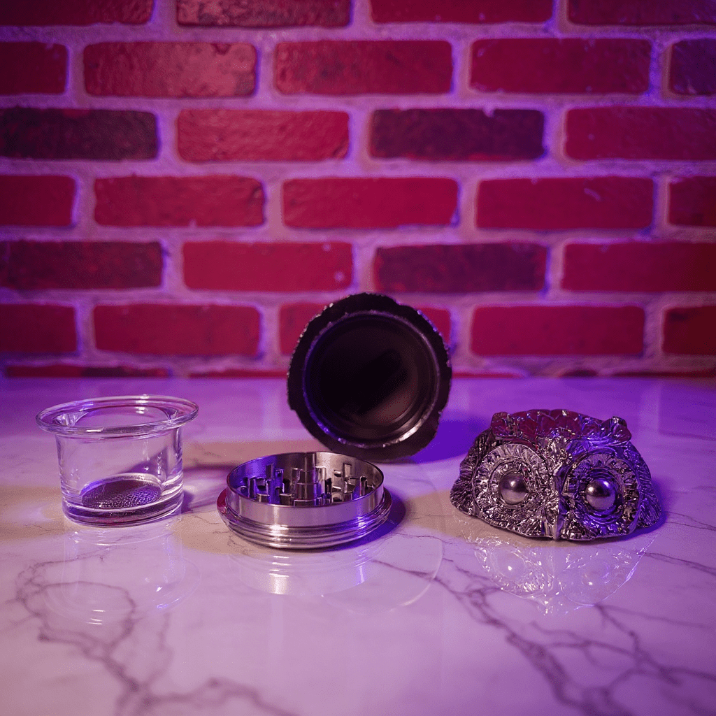 Metallic grinder and clear container on a marble surface with a brick wall background