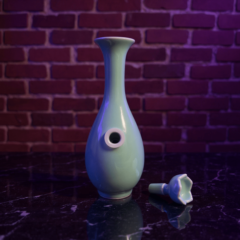 Pale Blue Flared Top Celadon Porcelain BongGreen ceramic bong with a unique design ceramic bowl