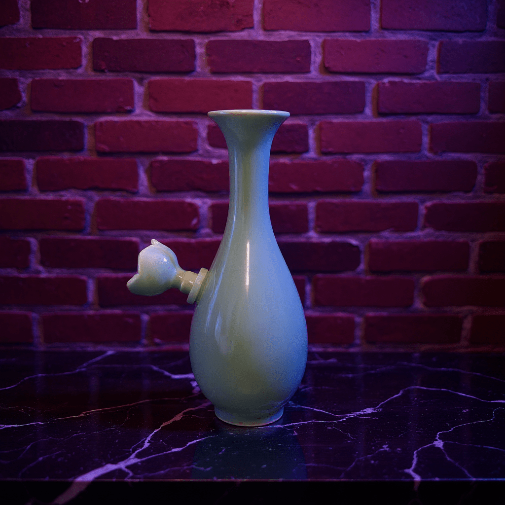 Pale Blue Flared Top Celadon Porcelain BongPale Blue Flared Top Celadon Porcelain Bong with ceramic bowl is placed on a marble surface.