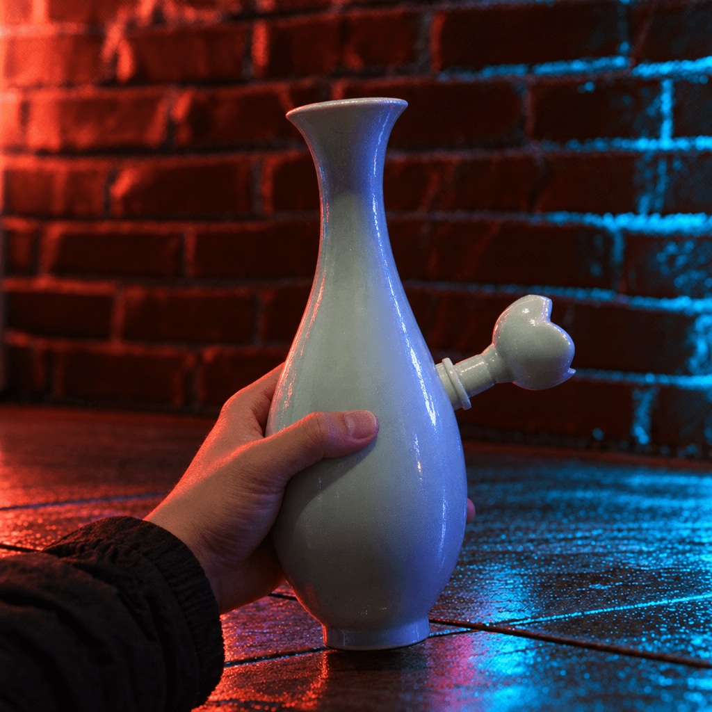 Pale Blue Flared Top Porcelain Vase BongA hand holds a glossy white ceramic bottle with a curved side spout against a red and blue-lit brick wall background.