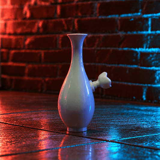 Pale Blue Flared Top Porcelain Vase BongPale Blue Flared Top Celadon Porcelain Bong with ceramic bowl is placed on a wooden surface.