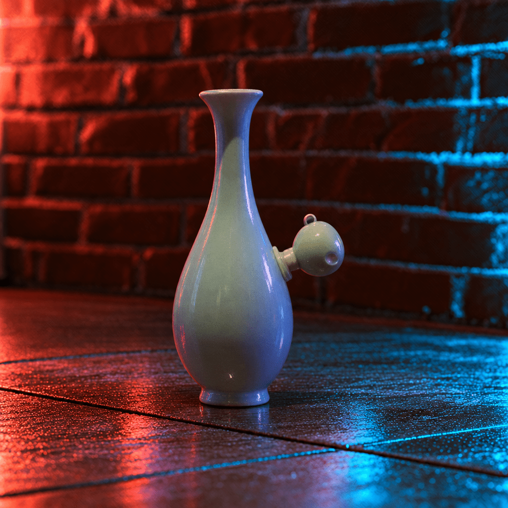 Pale Blue Flared Top Porcelain Vase BongPale Blue Flared Top Celadon Porcelain Bong with glass bowl is placed on a wooden surface.