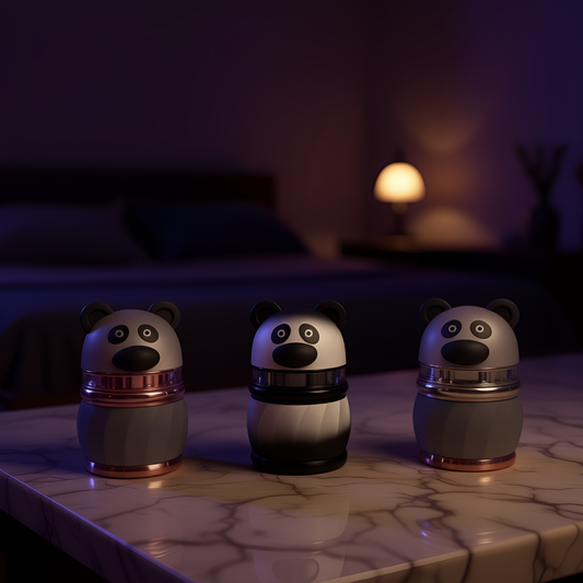 Panda Pop Tobacco Grinder – 4 - Layer Herb & Spice CrusherSet of three panda herb grinders with different accent colors, displayed side by side