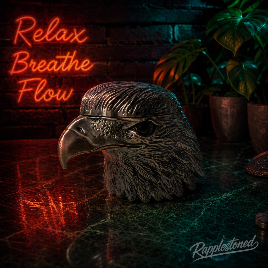 Eagle head grinder with neon sign 'Relax Breathe Flow' in a dimly lit room.