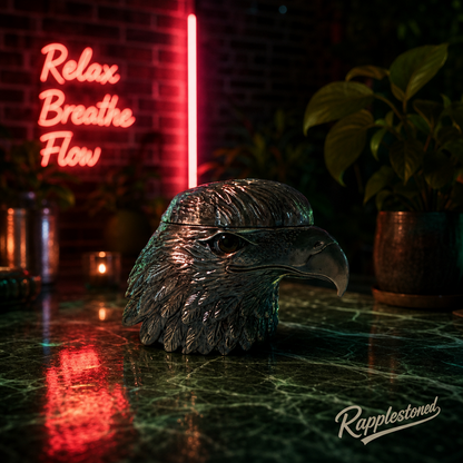 Eagle head grinder on a dark surface with a neon sign in the background